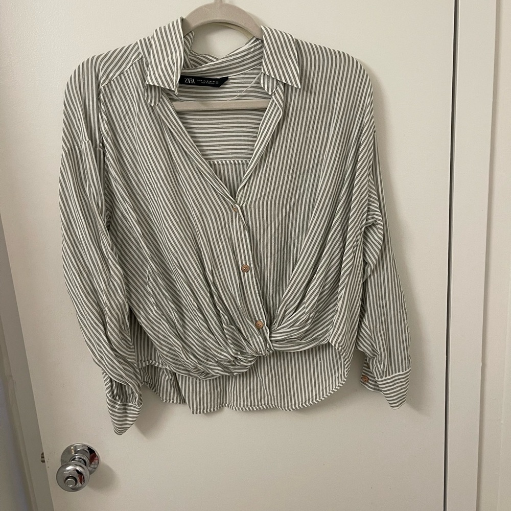 Zara Green and White Striped Shirt